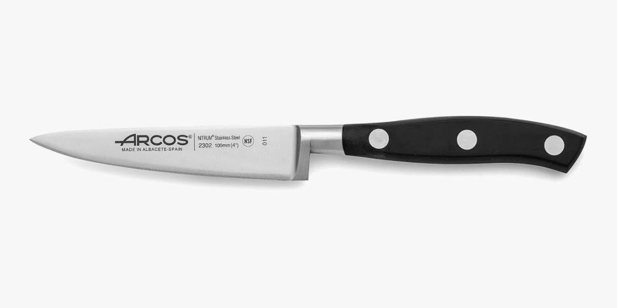 Arcos Cuchillo Pelar Forjado Acero Inoxidable. Cuchillo Cocina para Pelar Frutas y Verduras. Mango Ergonómico Polioximetileno y Hoja 100mm. Serie Riviera. Color Negro.