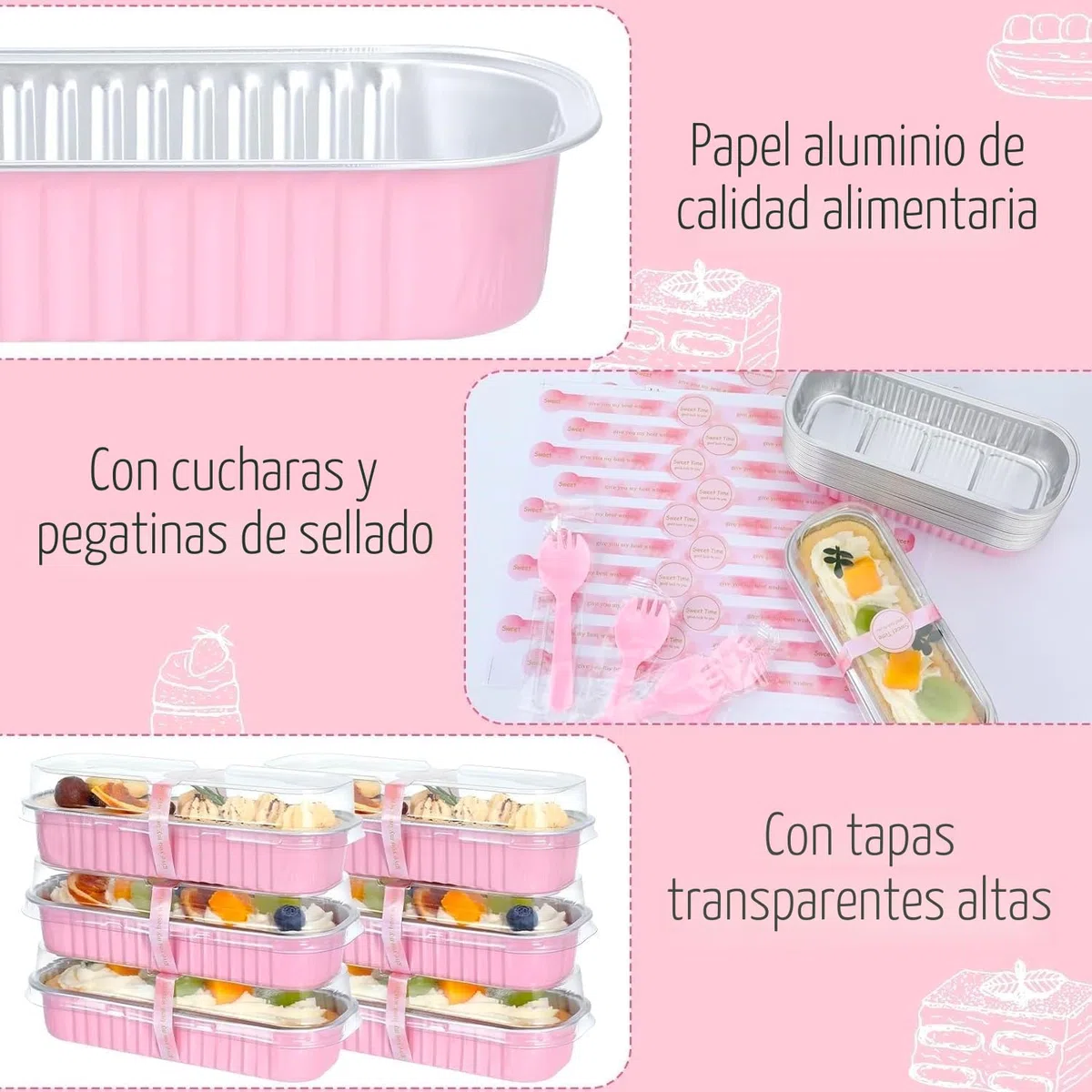 KAHEIGN 50 Piezas Mini Moldes Para Pan Con Tapas Y Cucharas, 200ml Rectangulares Aluminio Papel Contenedore para Hornear Pasteles con Pegatina de Sellado para Boda Cumpleaño Picnic Fiesta (Rosa Plata)