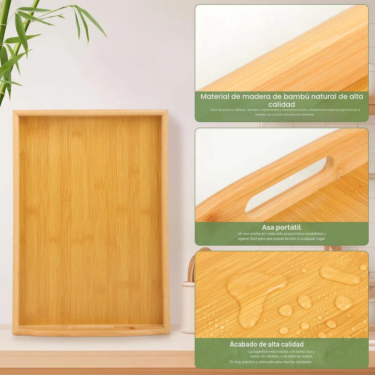 Bandeja de Madera para Servir Comida, Bandeja Madera Rectangular con Asas, Bandeja de Bambú Grande, Bandejas para Servir Comida en Cocina, Salón o como Decoración (Natural)
