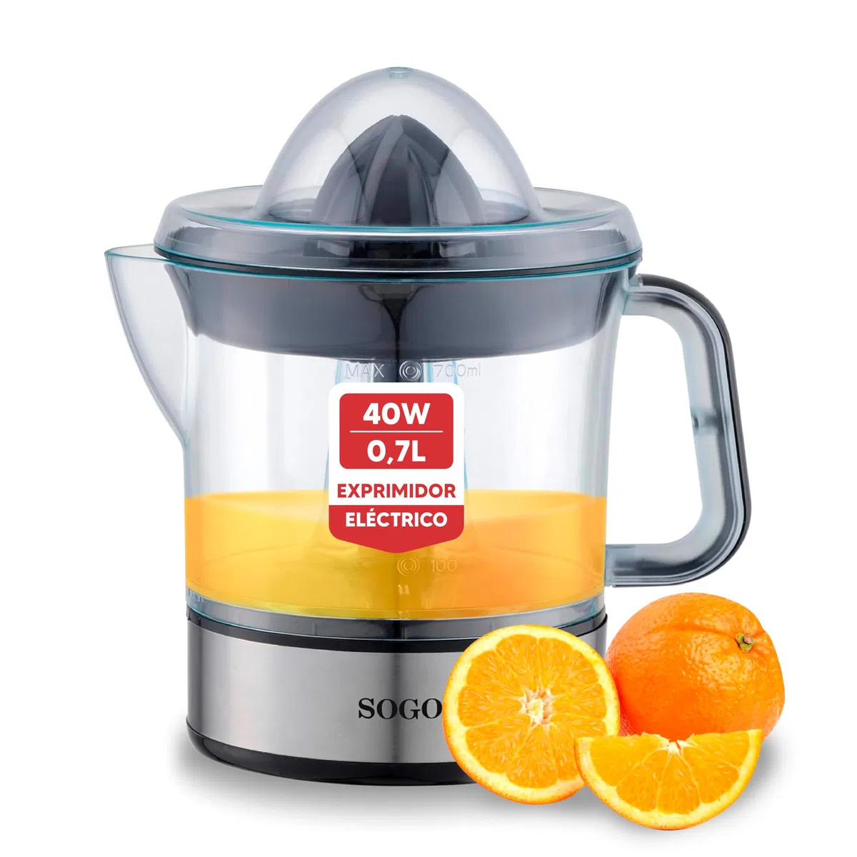 SOGO Exprimidor de Naranjas Eléctrico Silencioso y Potente - Exprimidor Eléctrico de Limones y Naranjas con Tapa -Para Zumo de Naranja y Cítricos con 40W de Potencia y 0,7L de Capacidad