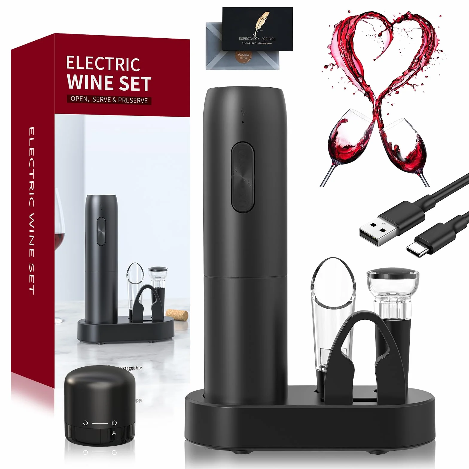 UCAMP Sacacorchos Eléctrico Recargable,Abridor de Vino Eléctrico 6 en 1 Juego de Regalo,Abrebotellas Eléctrico con Base,Cortacápsulas,Vertedor y Tapón de Vacío,Cable USB,Regalo de para Los Amantes