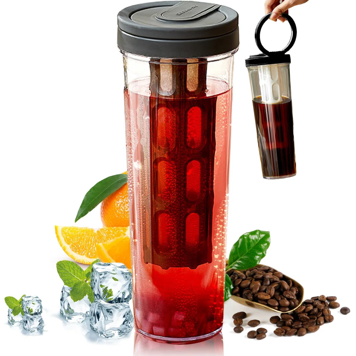 Punta de cerveza fría, cafetera de cerveza fría de 1l/34 oz con mango y filtro de malla fina, botella de cafetera helada portátil para té helado, jugo (negro)