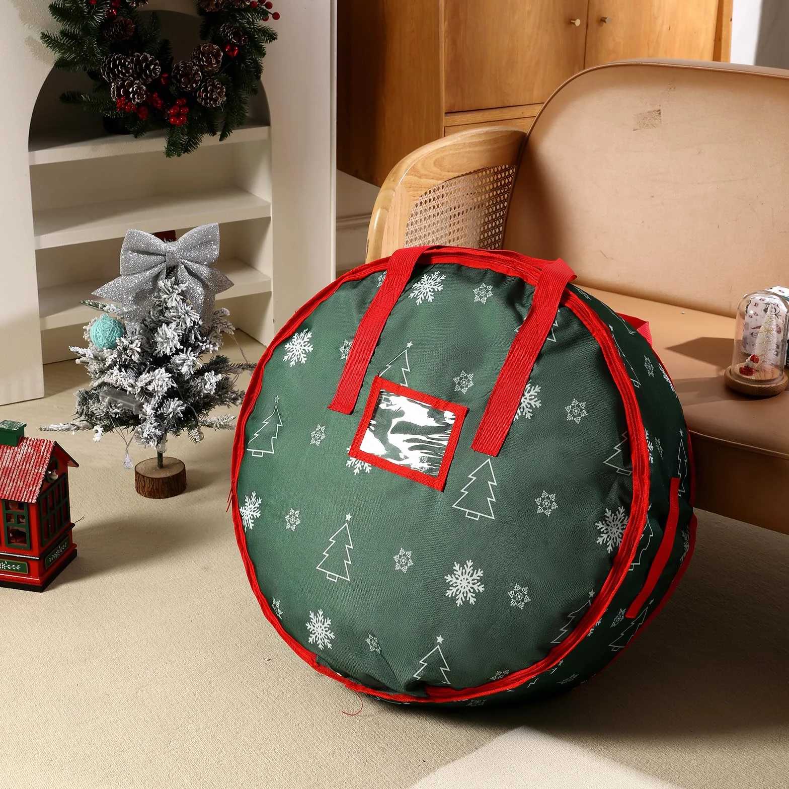 YiYa Almacenamiento de Adornos Navideños Bolsa de Almacenamiento para Guirnaldas Impermeable Bolsa para Corona de Navidad para Decoraciones navideñas (Verde)