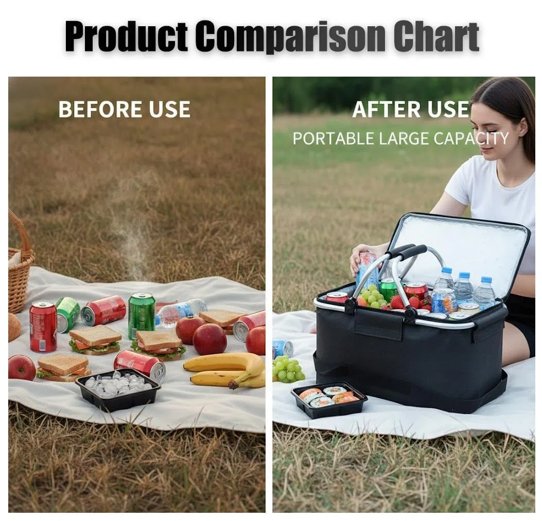 Cesta de la compra plegable con función de refrigeración, cesta de picnic térmica, cesta de transporte, nevera portátil con asas acolchadas, para ir de compras, viajar y hacer picnics. 18 L (Negro).