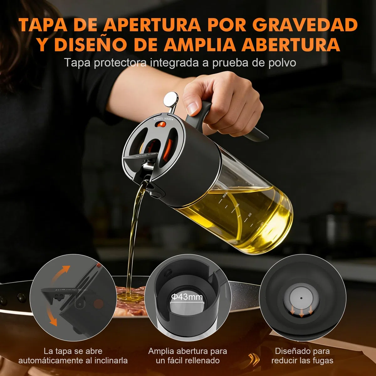 Ibergrif 2 en 1 Pulverizador de aceite 500ml – Rociador de aceite con Escala, Altura 202mm, Aceitera spray de Vidrio de borosilicato, Antigoteo para Freidora de aire, Barbacoa, Ensaladas, Negro, M530B