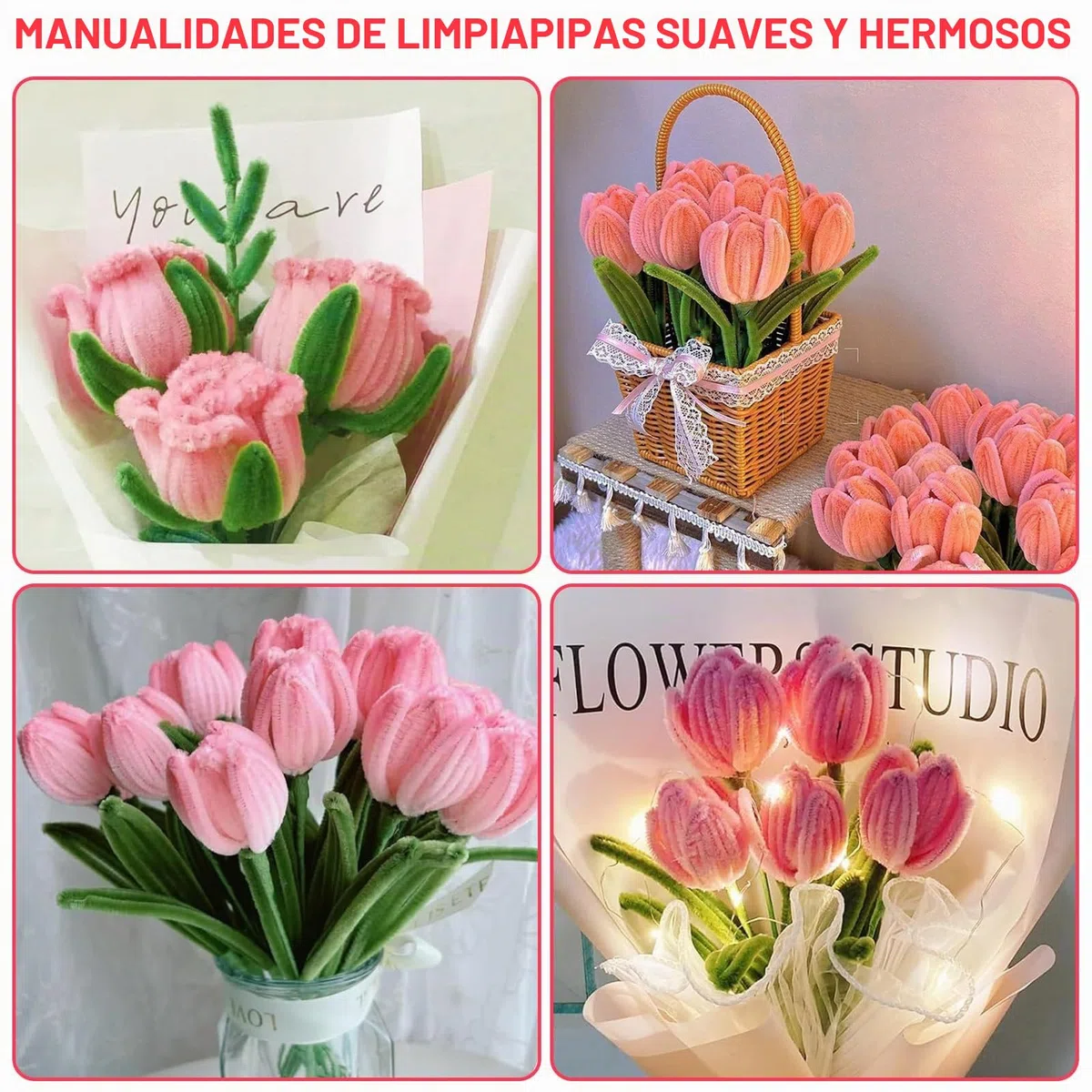 NICKLIN Limpia Pipas para Manualidades,240 Unidades Limpiapipas Chenilla Limpia Pipas Multicolor Tulipanes para Limpiapipas Bricolaje y Decoración(Rosa)