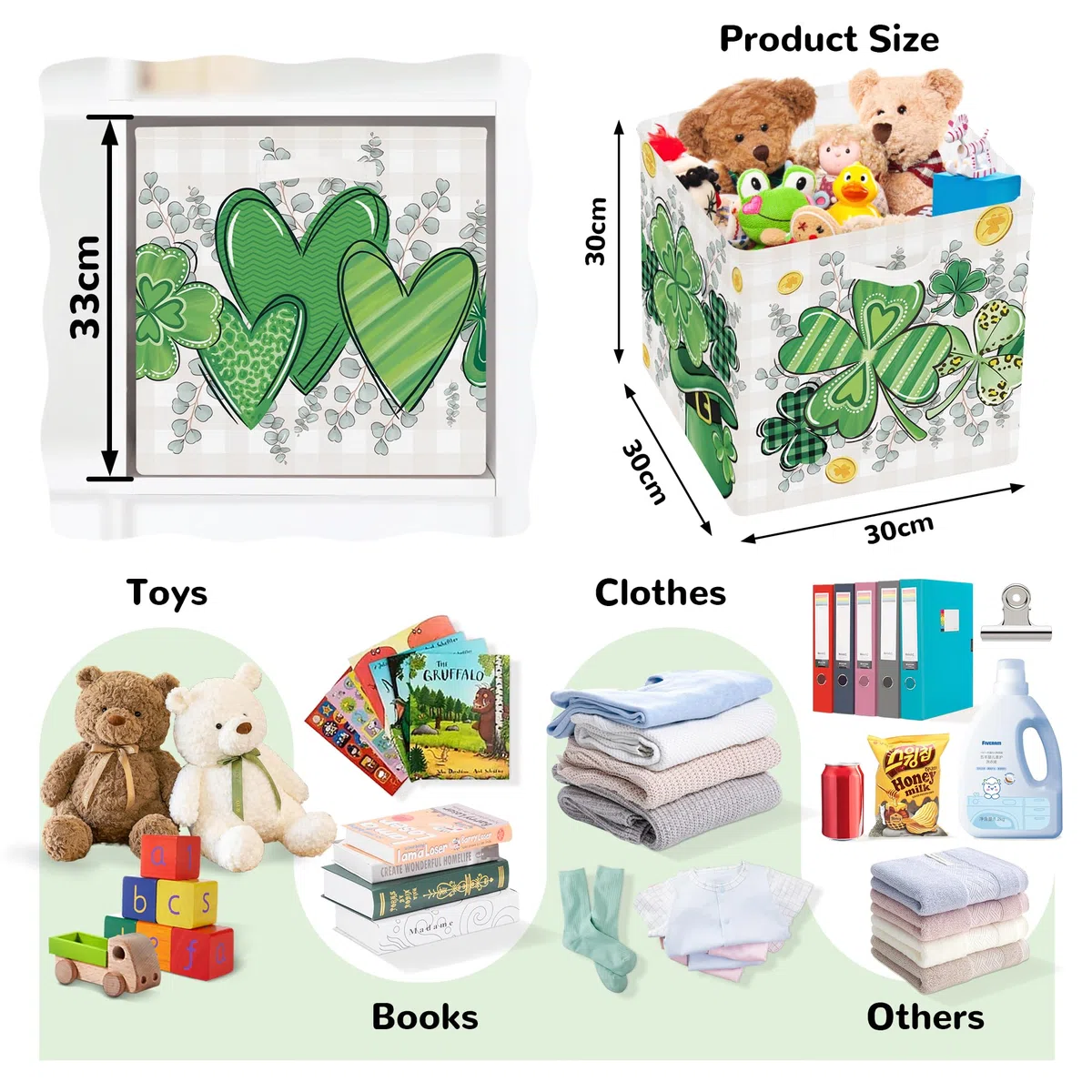 Clastyle Juego de 3 Cubos de Almacenamiento Día de San Patricio Caja Organizadoras de Almacenaje Juguetes Libro para Infantil Cubo de Almacenaje Armario para Ropa Niño Niña, Trébol, 30x30x30 cm