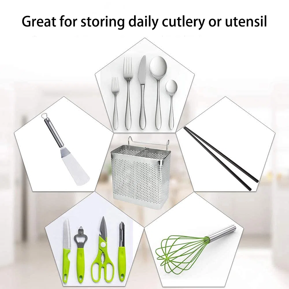 Organizador de Fregadero, Utensilios Estante de Secado, Escurridor de Cubiertos, Que Cuelga Escurridor Rack de Almacenamiento, 2 Compartimentos, para Tenedor Cuchara de Los Palillos (A)