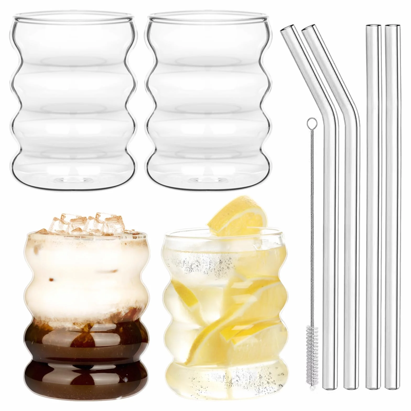 Withosent 300ml Vasos de Cristal Agua con Pajita, 4pcs Vasos de Cristal Ondulados Estilo Vintage, Juego de Vasos Agua para Café, Yogur, Soda, Cocktail, Cerveza, Batidos, Whisky