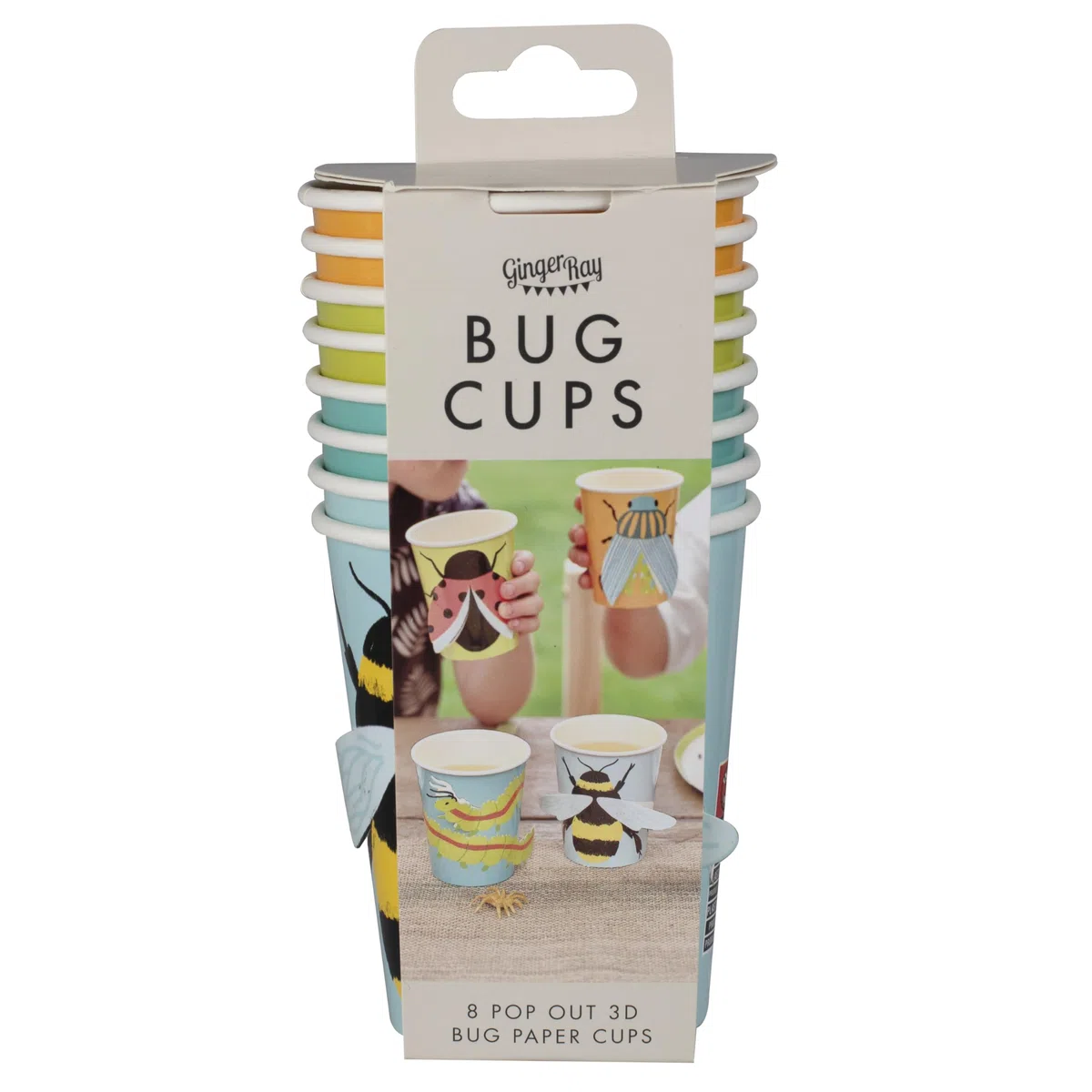 Ginger Ray Creepy Crawly Bugs - Vasos de papel para fiestas con 3D Pop Out Bugs vajilla de cumpleaños para niños, paquete de 8