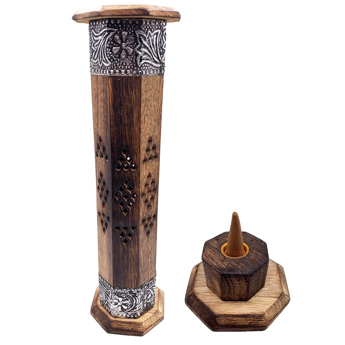 Quemador de Incienso (incensario) Torre en Madera Tallada a Mano en India - Exclusivo y único diseño. 30x8x8 cm - Peso 190 g. Porta Incienso Madera