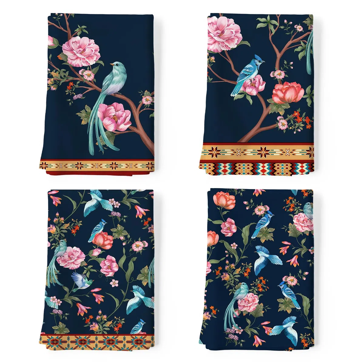 Paños y Toallas de Cocina Algodón Set de 4 - 100% Algodón, Suaves y Absorbentes para Plato, Té y Barra - 48 x 70CM Flores y Pájaros Retros