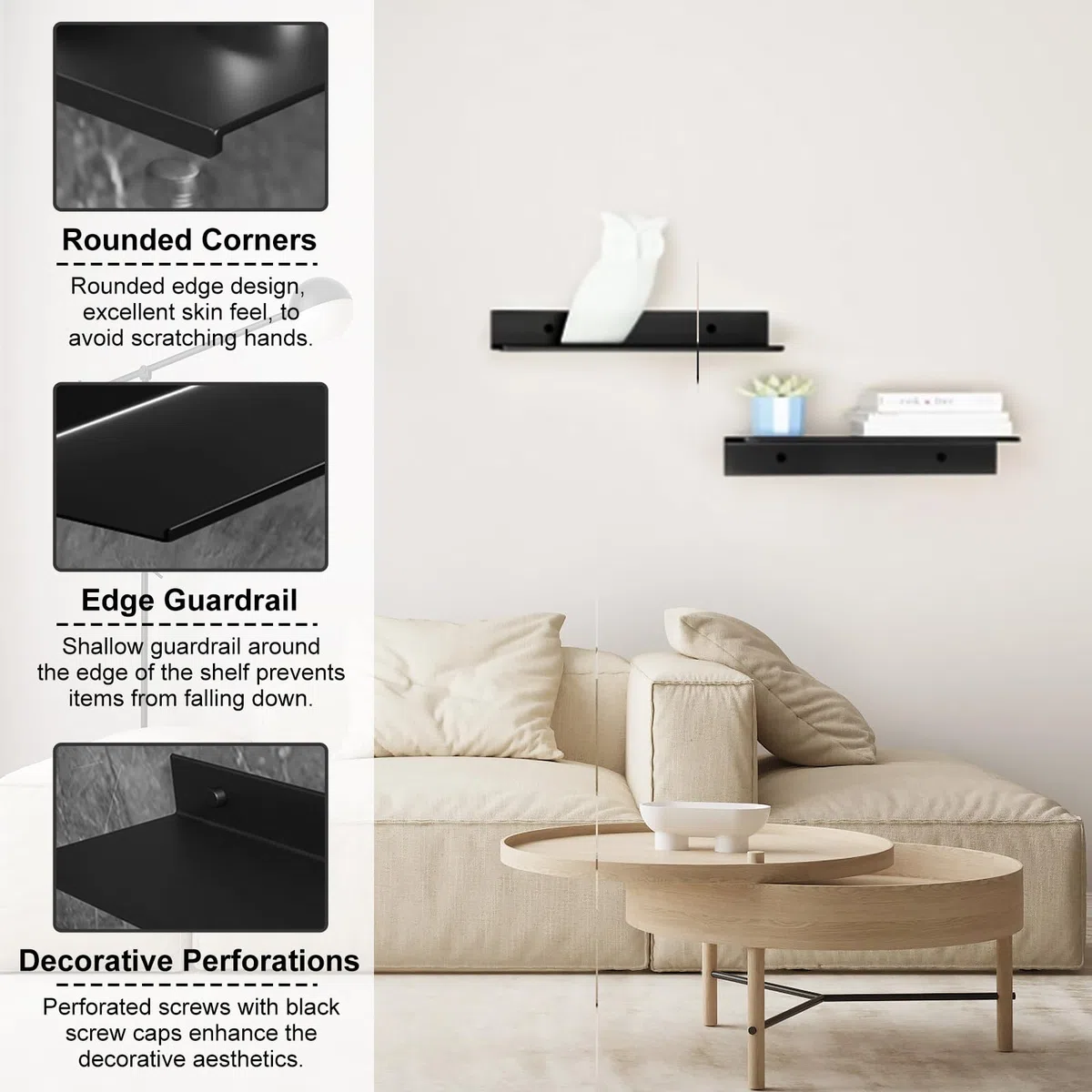 2 Piezas Estanterias Pared de Alluminio, Baldas Pared sin Agujeros, Baldas Flotantes Pareds Modernidad Estante de Pareds Flotante para Baño, Sala de Estar, Dormitorio, Cocina, Oficina (Negro, 40CM）