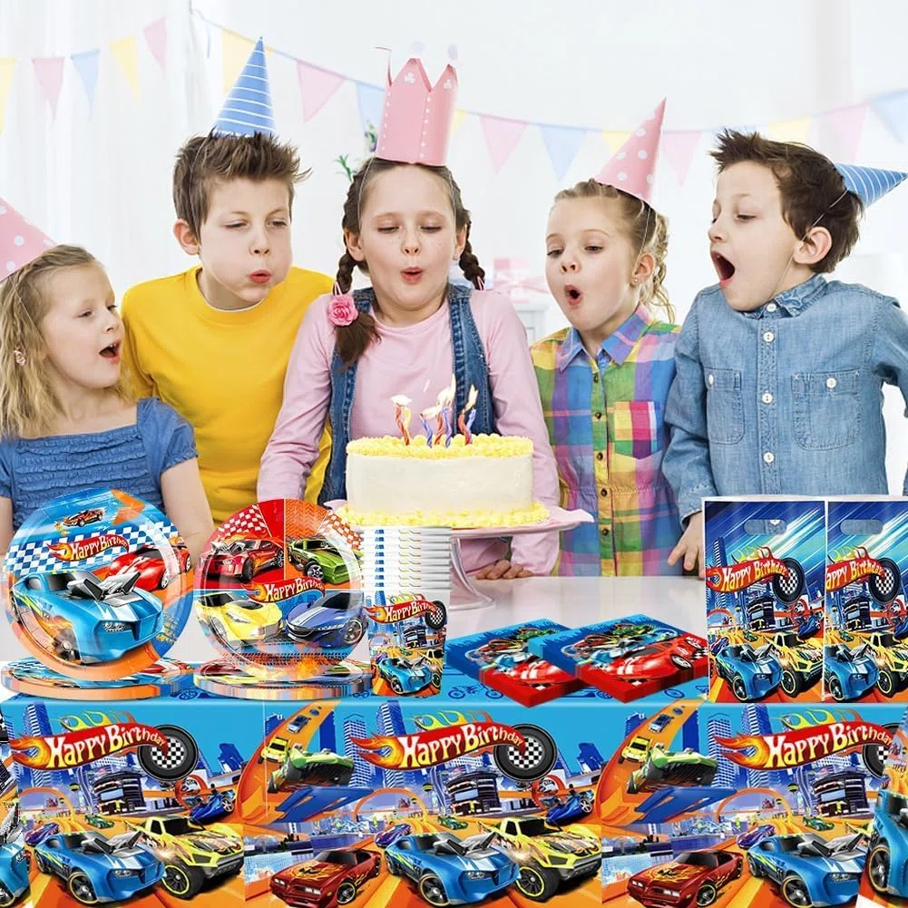 Vajilla Cumpleaños Coche de Carrera, Decoración de Coche de Carreras, Autos Vajilla Infantil Incluir Mantel, Platos de 7'', Platos de 9'', Vasos, Vasos, Servilletas - 10 Personas