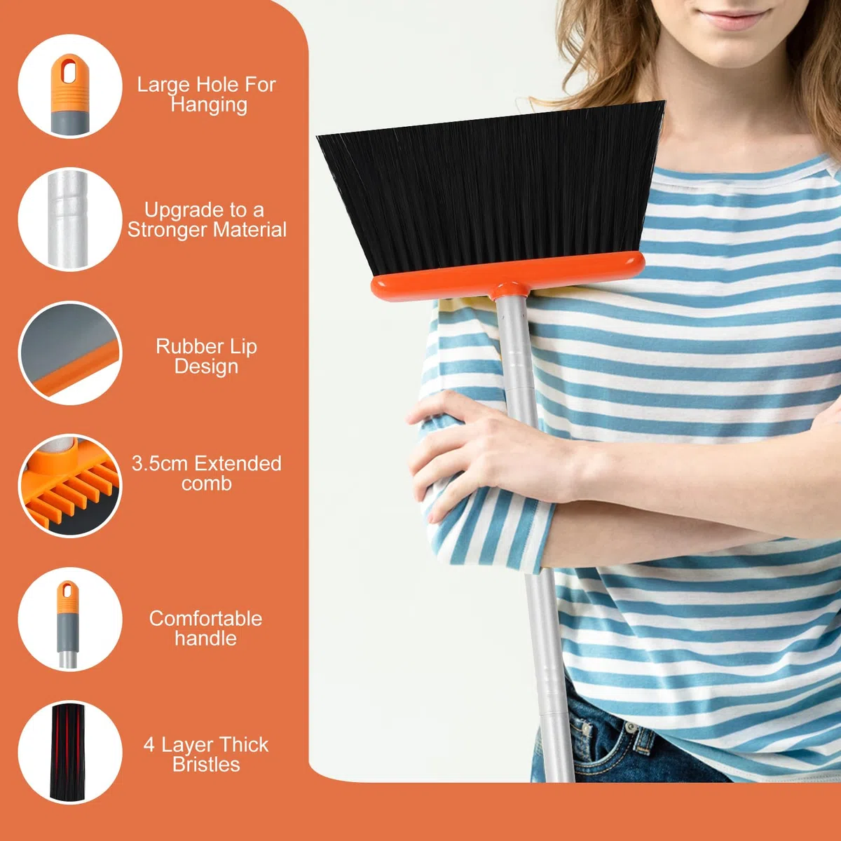 Escoba y recogedor, barredora y recogedora de Polvo Combinados con una manija Extensible de 137 cm de Largo para el Barrido de Limpieza del hogar, Naranja