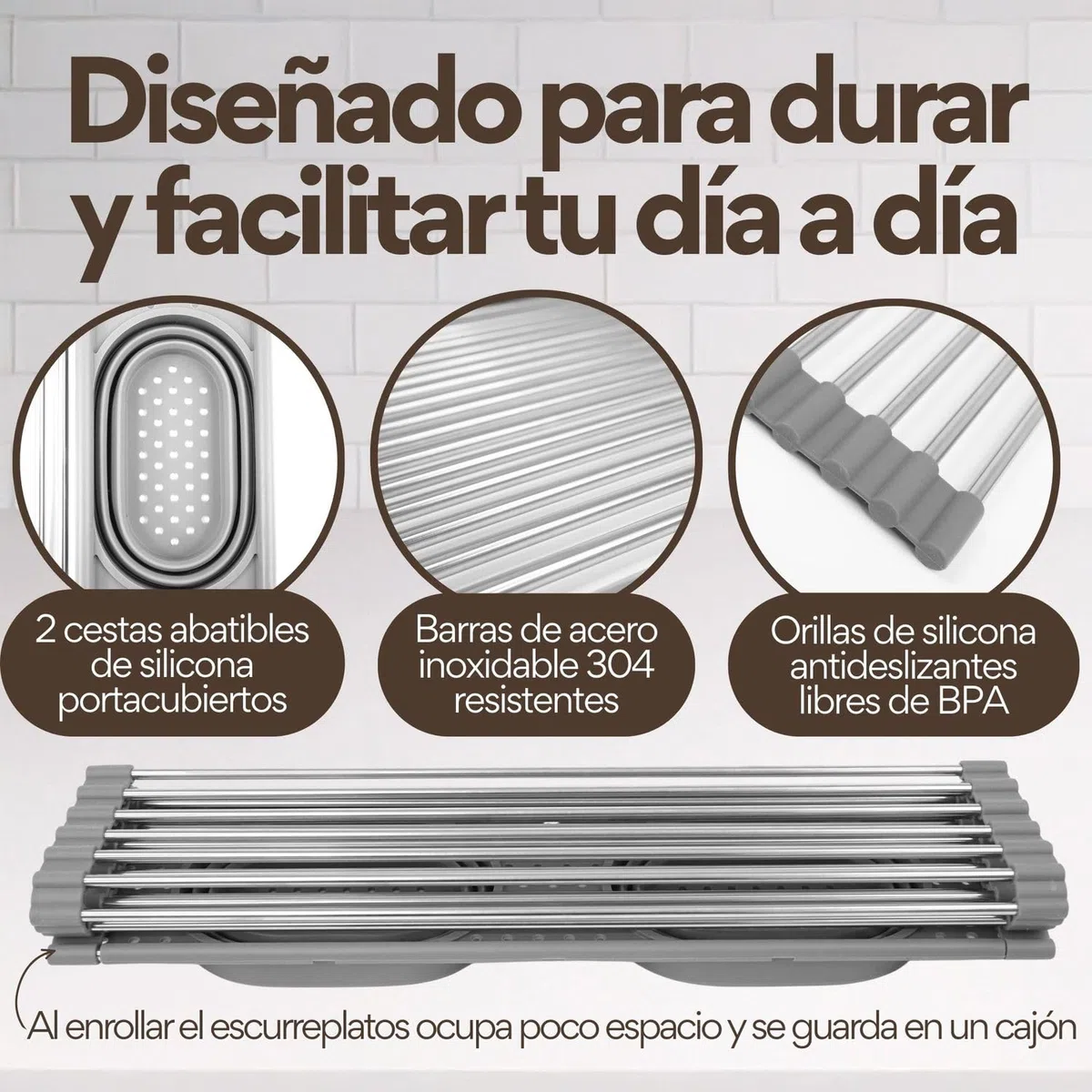 ️ Escurreplatos sobre Fregadero Plegable con 2 Cestas Abatibles Integradas de Silicona Cubiertos y Utensilios Cocina | Escurridor de Platos para Fregadero de Acero Inoxidable y Silicona (Gris)