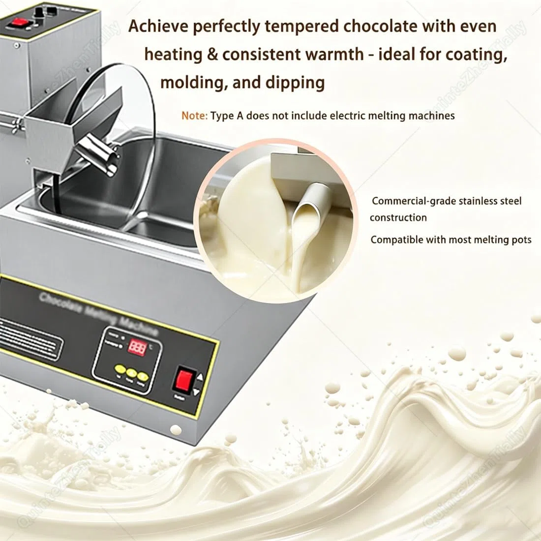 Máquina de templado de chocolate comercial, derretidor eléctrico con velocidad ajustable 38-55 RPM, acero inoxidable, para revestimiento uniforme, moldeado, panaderías, dulces