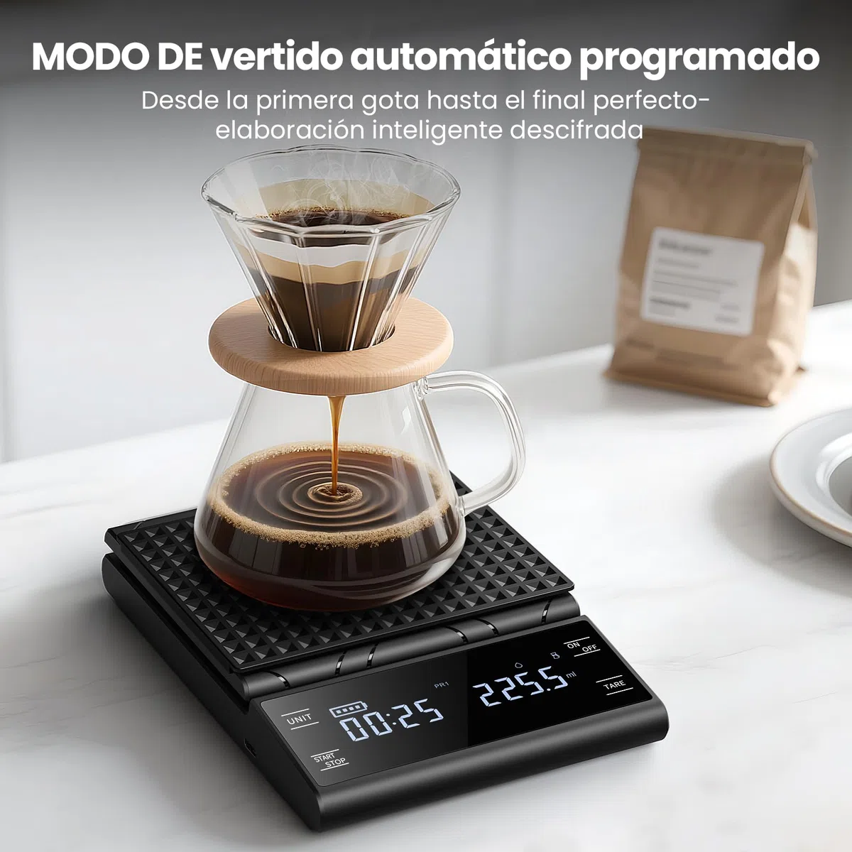 Báscula de Café Digital con Temporizador, Recargable Báscula de Espresso de Precisión 5 kg/0,1 g, con Pantalla LCD y Medición Automática Del Tiempo