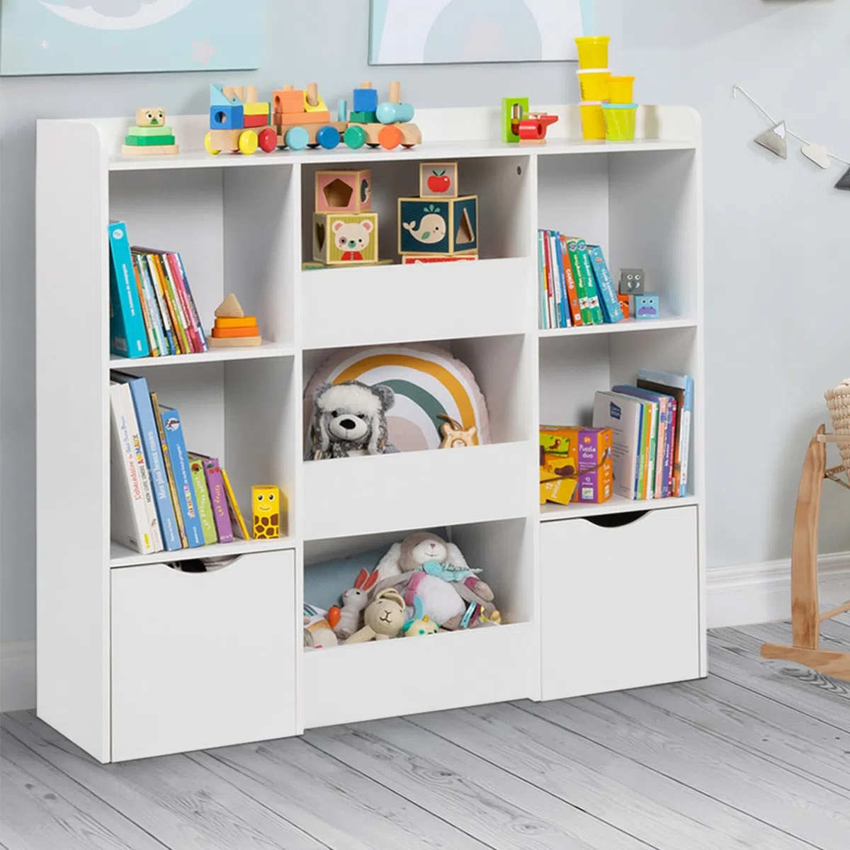 IDMarket Mana - Mueble de almacenamiento infantil con 5 estantes, 3 bandejas y 2 cubos con ruedas, color blanco