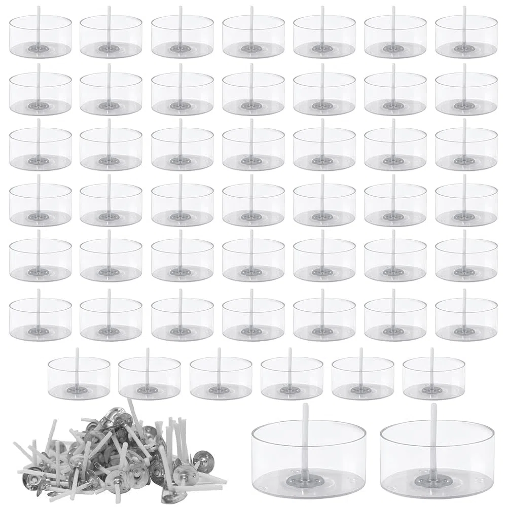 50 Piezas Tarros para Velas de Té Vacíos, Portavelas Decoracion en Plástico con 50 Piezas Mechas para Vela Redondos Transparentes Candelabros para Velas de Té para Bodas, Cenas