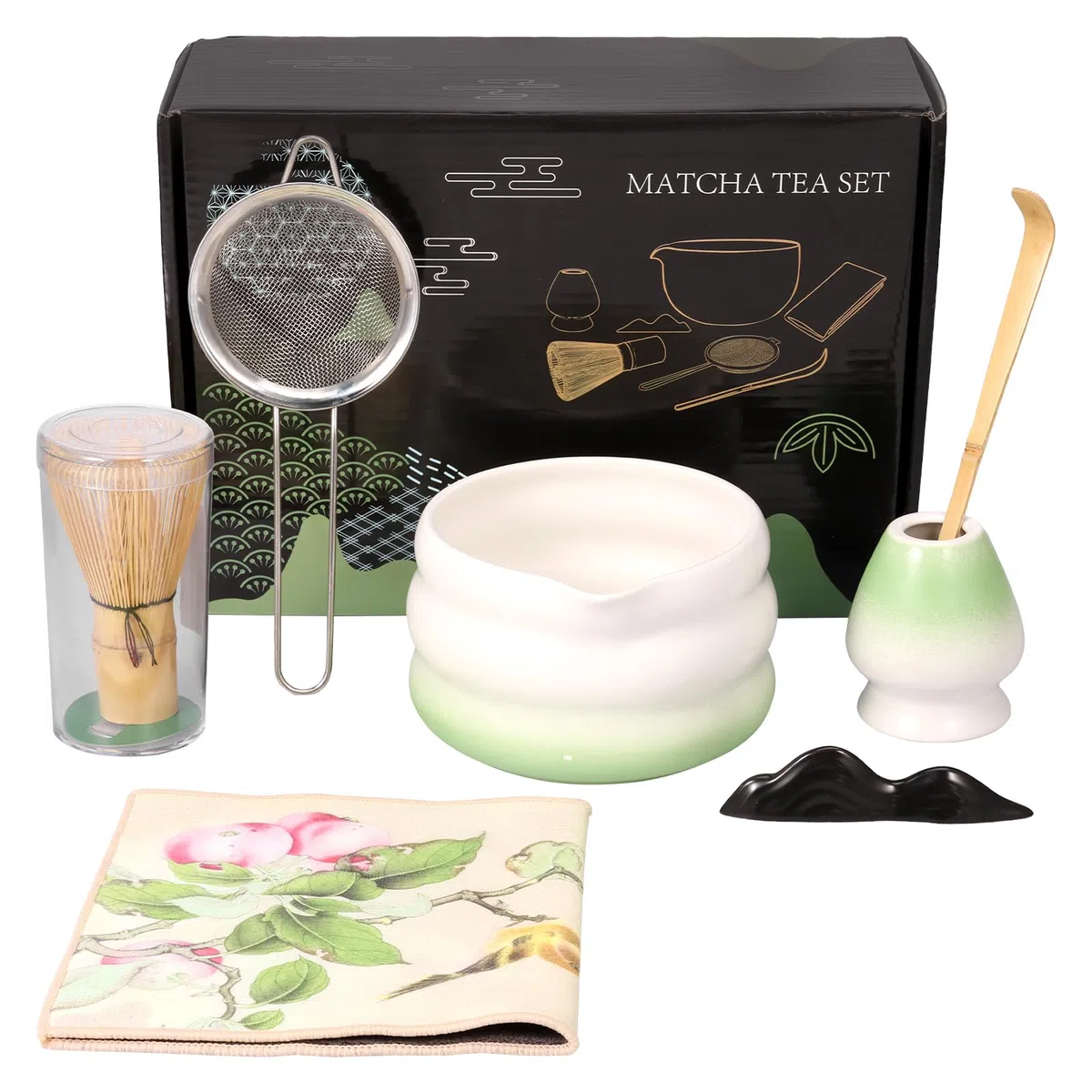 Juego de escobas Matcha con accesorios: cuchara, batidor, portaescobas, colador, whisk, juego de té tradicional para los amantes del té