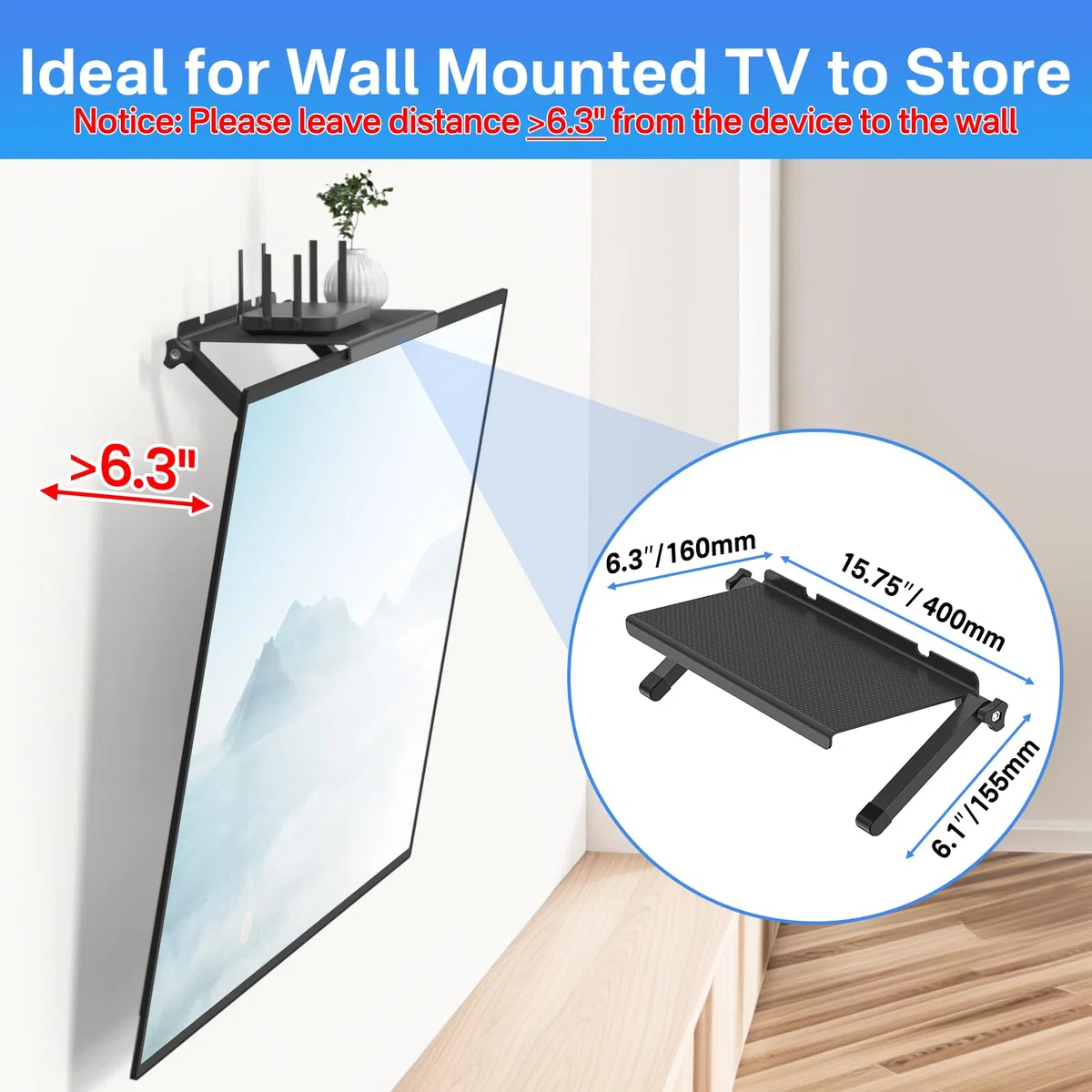 Dinghosen Estante superior de TV de plataforma de 13 pulgadas de ancho, estante ajustable para caja de cables, dispositivos de transmisión, enrutador y decoración del hogar, soporte superior de