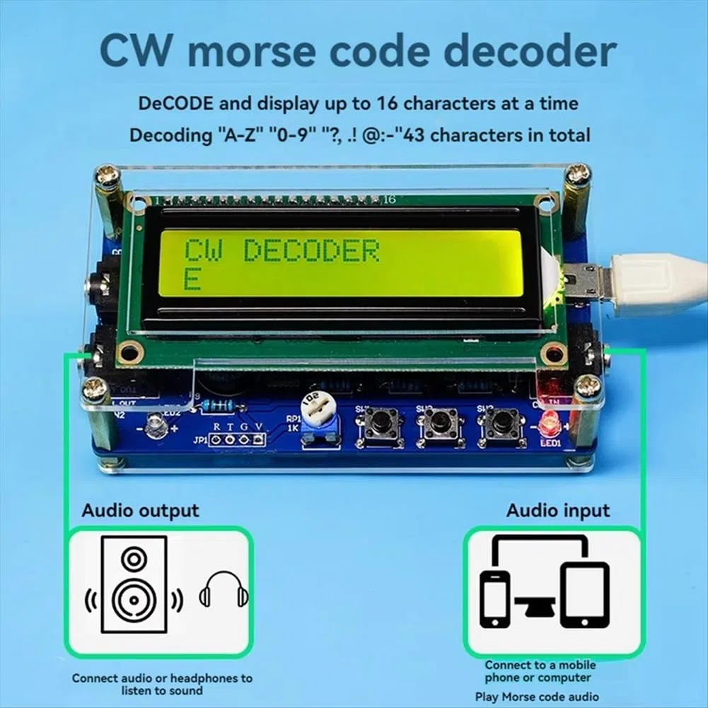 Decodificador de código morse CW mejorado con acabado + funda + kit de botón con LCD digital CW Trainer kit de decodificador de código morse