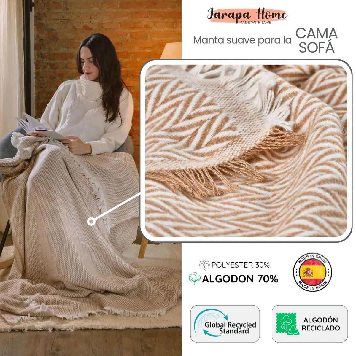 Jarapa Home Made with love Manta sofá, Plaid Sofa, Decoración Ideal para sofás y Camas, Cálida, Suave y Ligera, Colcha Entretiempo, 4 Estaciones, Diseño y Resistente (Marrón Claro, 130x180 cm)