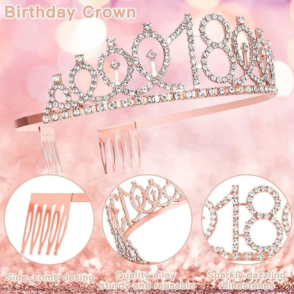 50 Años Corona Banda Mujer Tiara y Faja de Oro Rosa, Globos, Velas Números 50, Topper de Tarta, Decoración Fiesta Cumpleaños