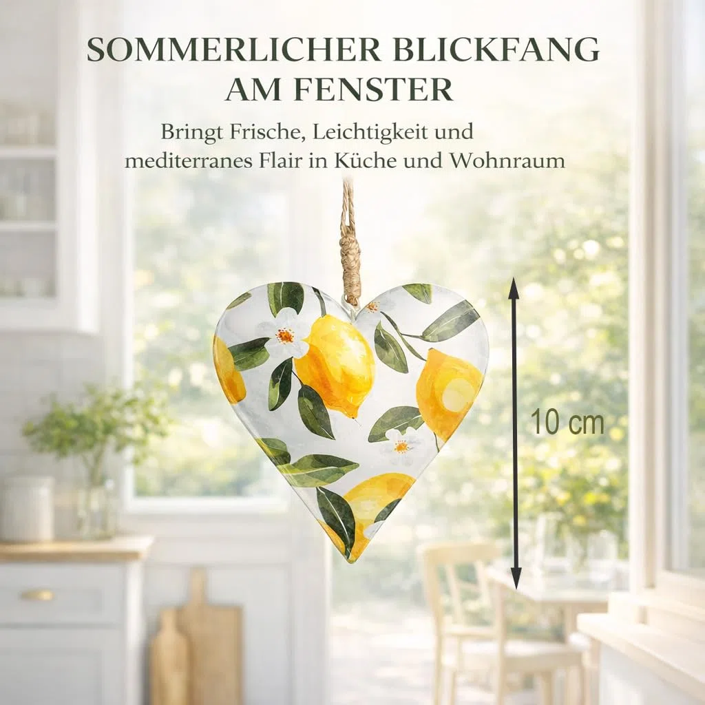 Formano Colgante decorativo de metal con forma de corazón, 10 cm, con diseño de limón, impreso por ambos lados, decoración de ventana de verano para colgar para cocina, balcón, terraza y sala de estar