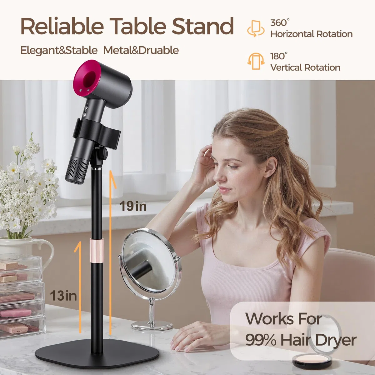 Soporte para secador de pelo, manos libres, giratorio 360 grados, altura ajustable, duradero y compatible con el 99% de los secadores.