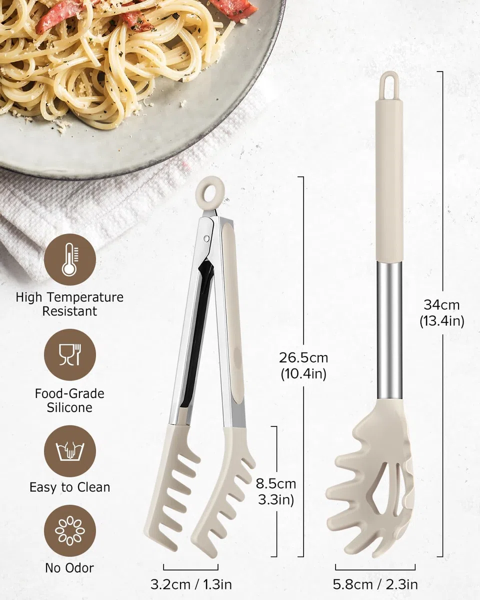 Cuchara de espagueti y pinza para pasta, cuchara de silicona antiadherente con dientes y mango de acero inoxidable, pinza de espagueti, clip de comida para fideos de espaguetis (KHAKI)