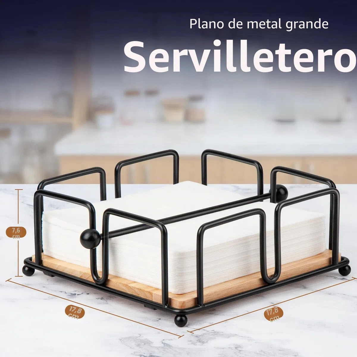 Servilletero de Metal para Bar, Portaservilletas Plano de Mesa con Brazo Lastrado, Dispensador Servilletas Decorativas con Base de Madera para Cocktail, Soporte Servilletas de Hierro (Negro)