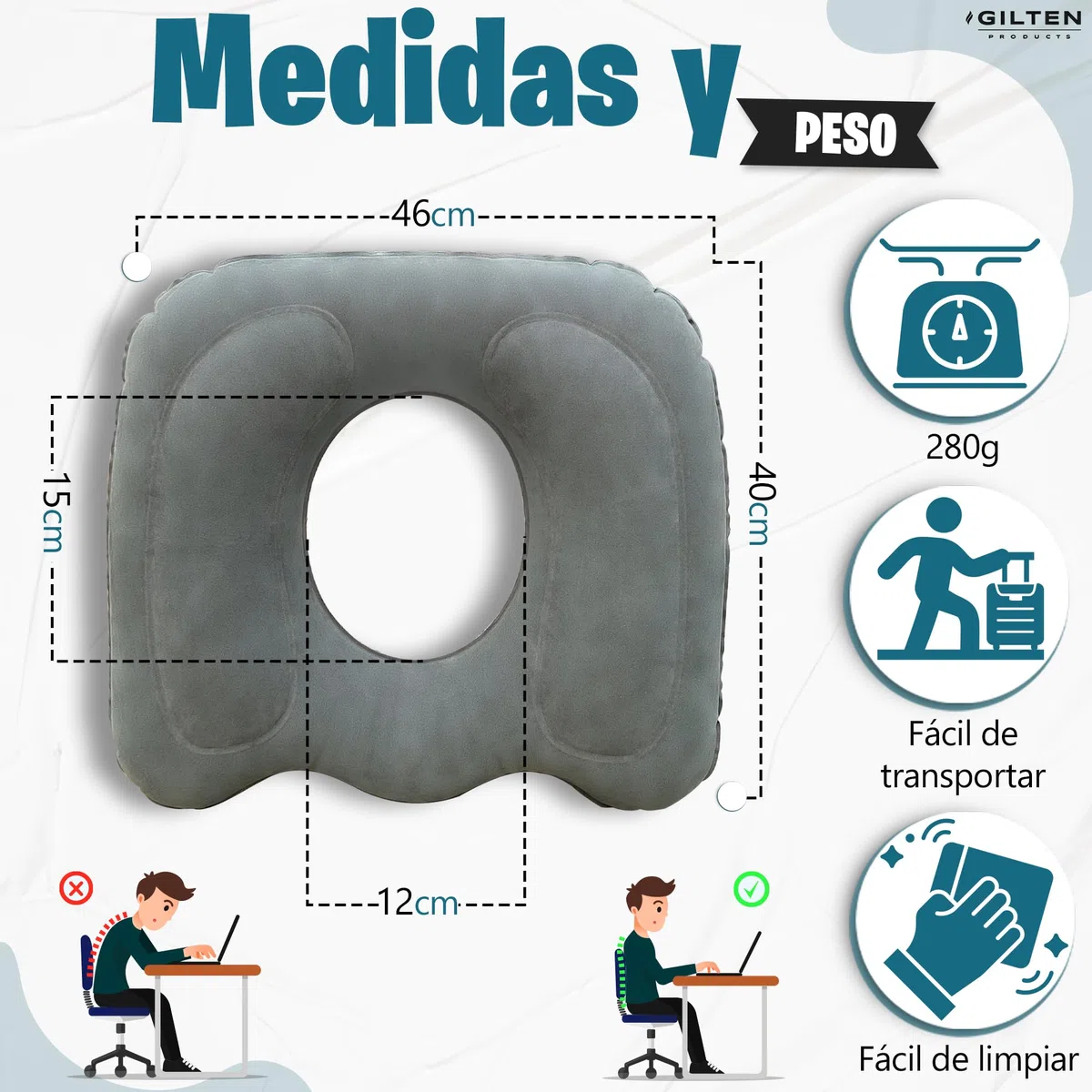 Cojín Ortopédico Inflable de PVC Flocado + Bolsa de Almacenamiento | Cojín Hemorroides para Hogar, Oficina, Sofá, Silla de Ruedas, Asiento Coche, etc.