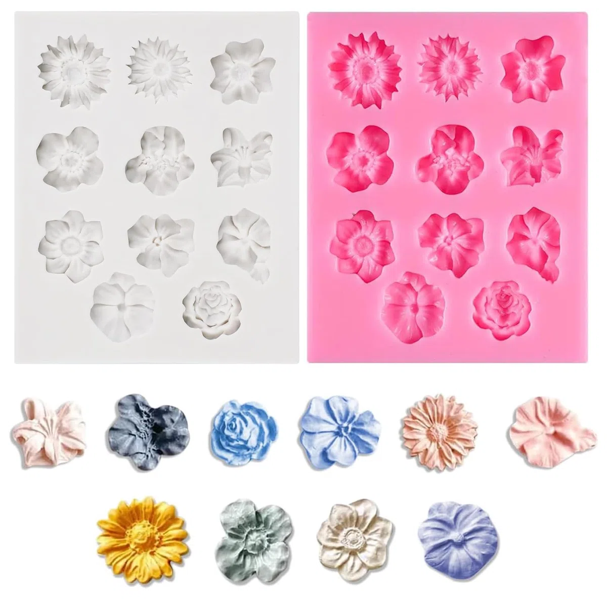 2 Piezas Moldes de Silicona de Flores 3D, 11 Cavidades Variadas, Moldes de Arcilla Polimérica, para Fondant y Resina Epoxi, Ideal para Decoración, Chocolate, Velas y Horneado (Gris, Rosa)
