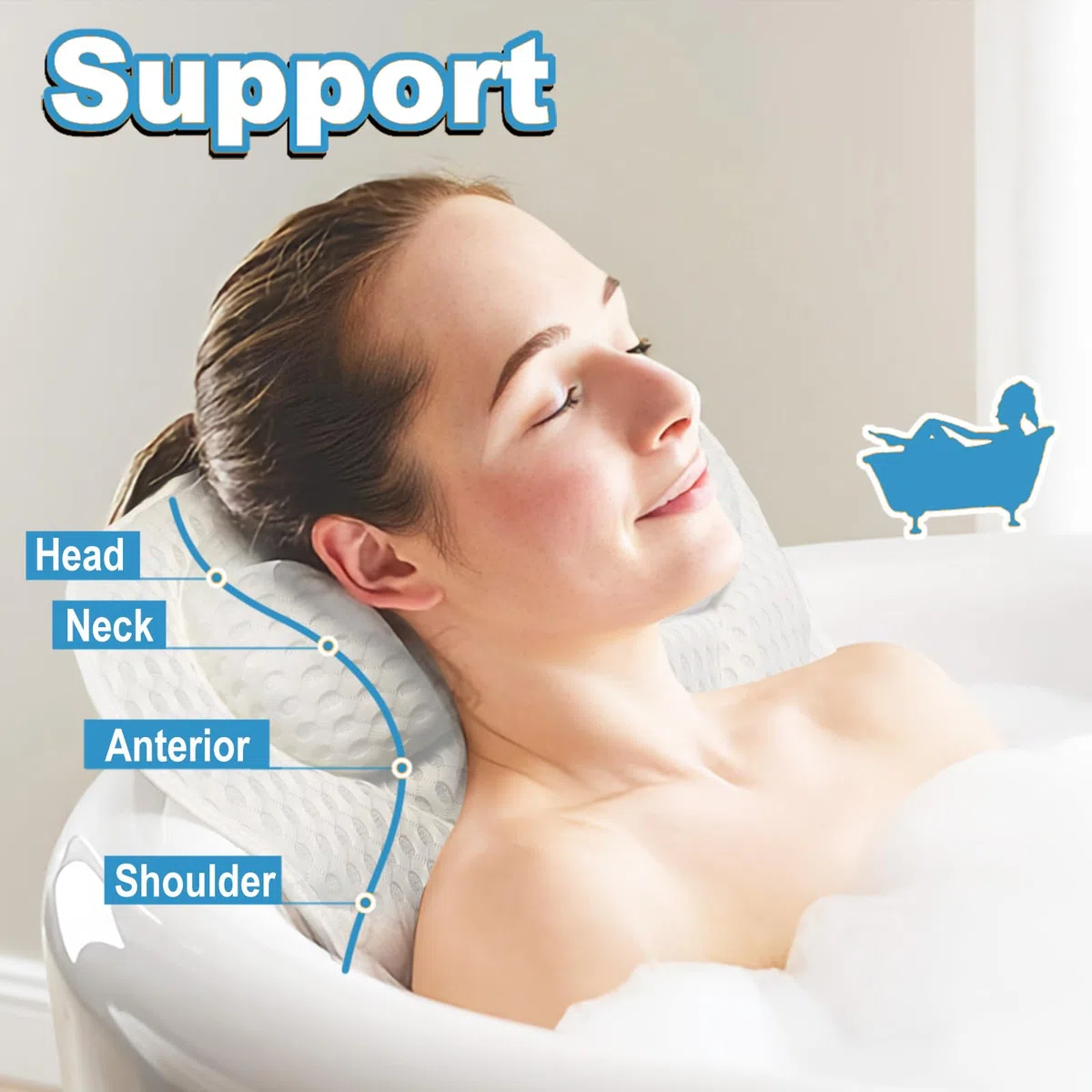 Almohada Bañera Antideslizante de Espuma Viscoelástica para Adultos con 6 Ventosas y Tejido de Malla 4D