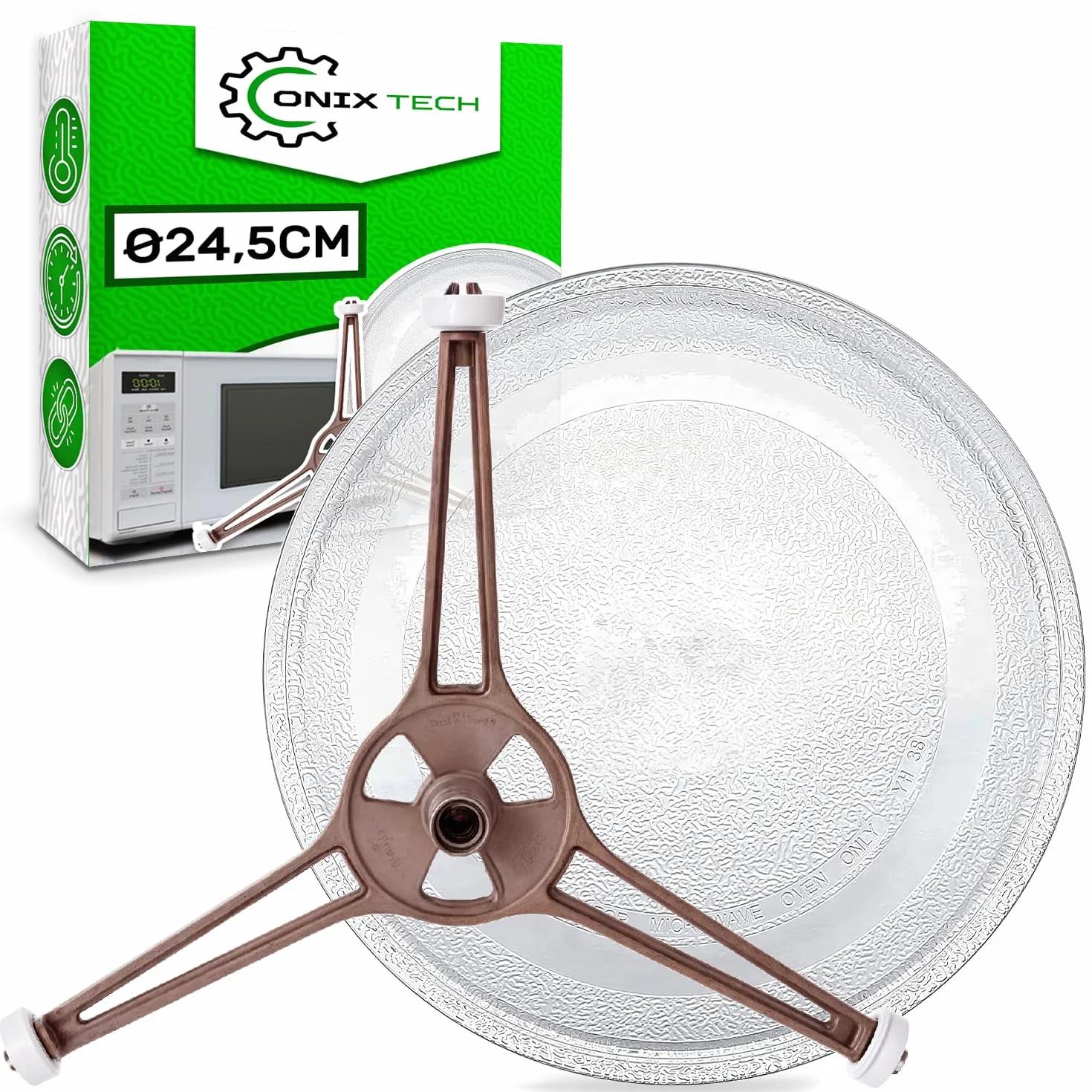 Cristal Plato Microondas Universal con un Diámetro Ø 24,5 cm tiene 3 Pies de Fijación en la Base - ONIX TECH