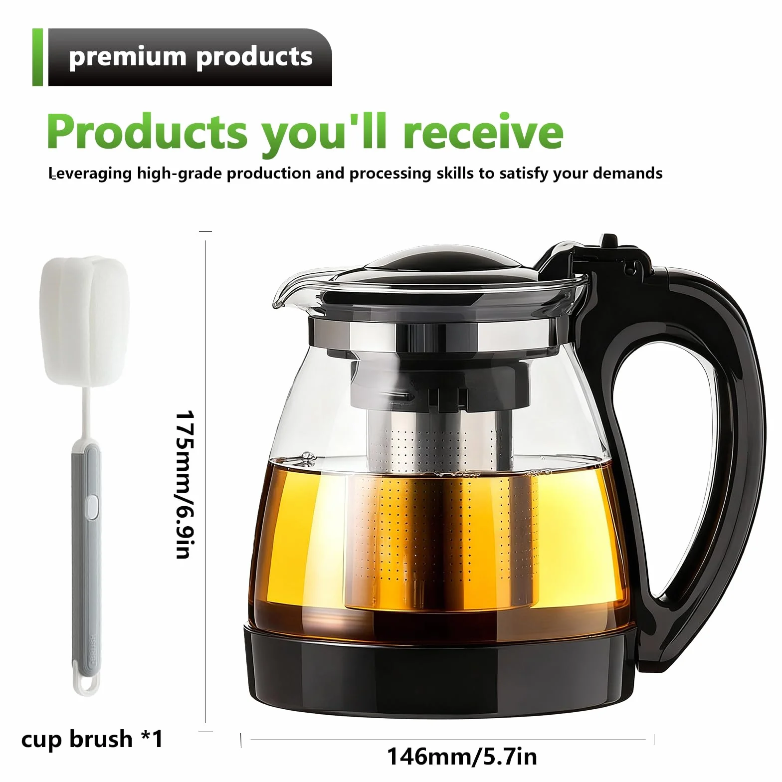 Tetera de cristal de 2 litros, resistente al calor, con colador de acero inoxidable y cepillo de limpieza, para té suelto, té verde, té de hierbas