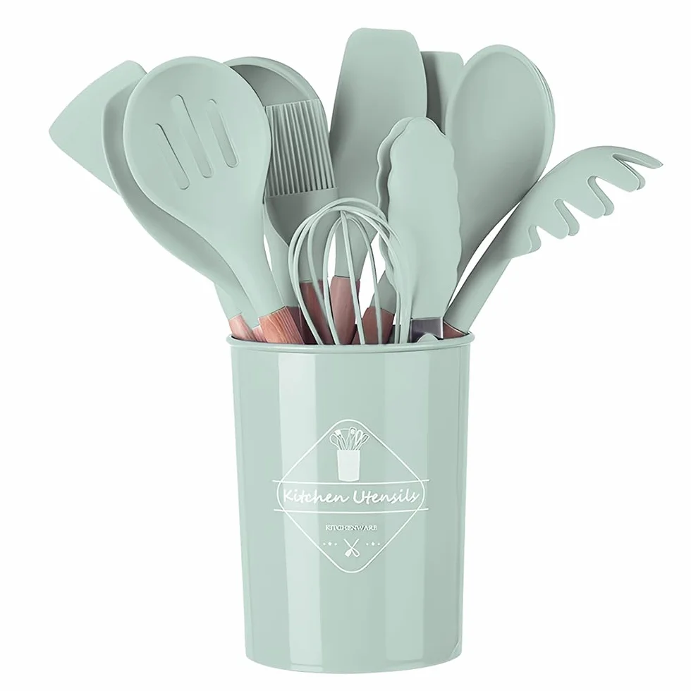 Set de utensilios de cocina, 12 piezas, utensilios de cocina con mango de silicona y madera, saludables, con revestimiento antiadherente, aptos para lavavajillas, diseño resistente al calor.