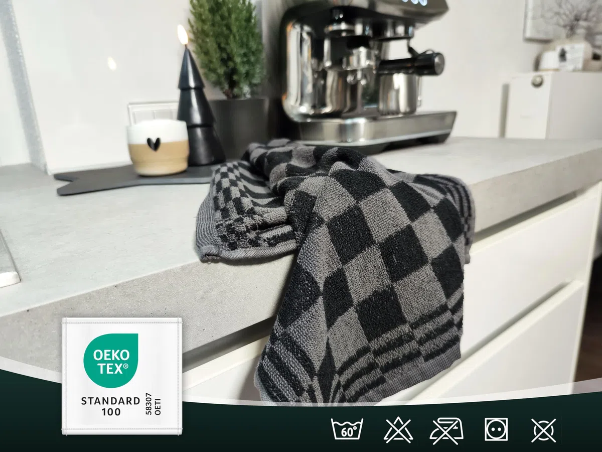 ZOLLNER Juego de 4 paños de Cocina de algodón en 50x50 cm - paños de Cocina Muy absorbentes y Resistentes - Lavables hasta 60°C - en Negros a Cuadros - Calidad hostelería - Certificado Oeko Tex