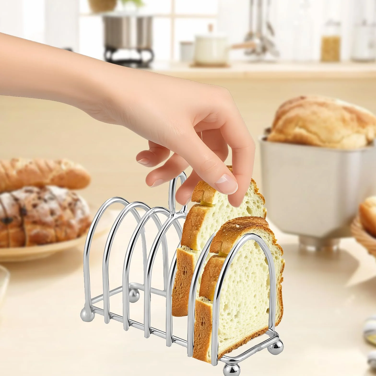 Estante para Tostadas de Acero Inoxidable, Estante para Tostadas de 6 Rebanadas con Patas de Bola y Asa de Bucle, Soporte para Pan Tostado para Cocina, Buffet, Desayuno, Almuerzo, Cena
