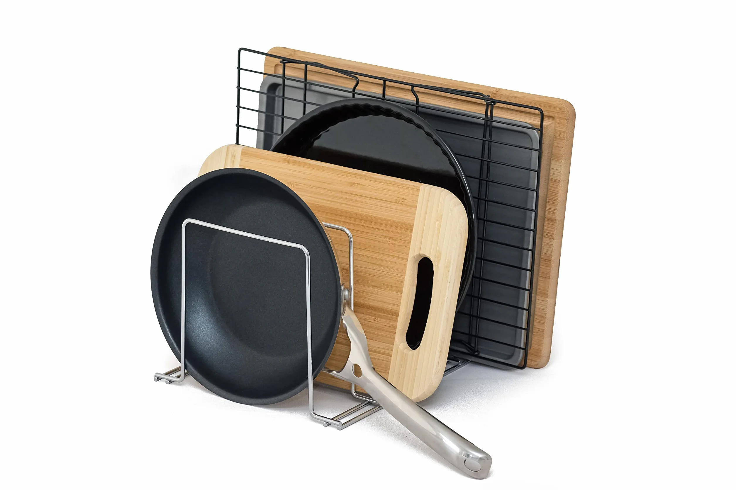 simplywire – Soporte para Bandejas de Horno y Tablas de Cortar - Almacenamiento de Sartenes - Organizador para Armarios de Cocina – Acero Recubierto de Cromo