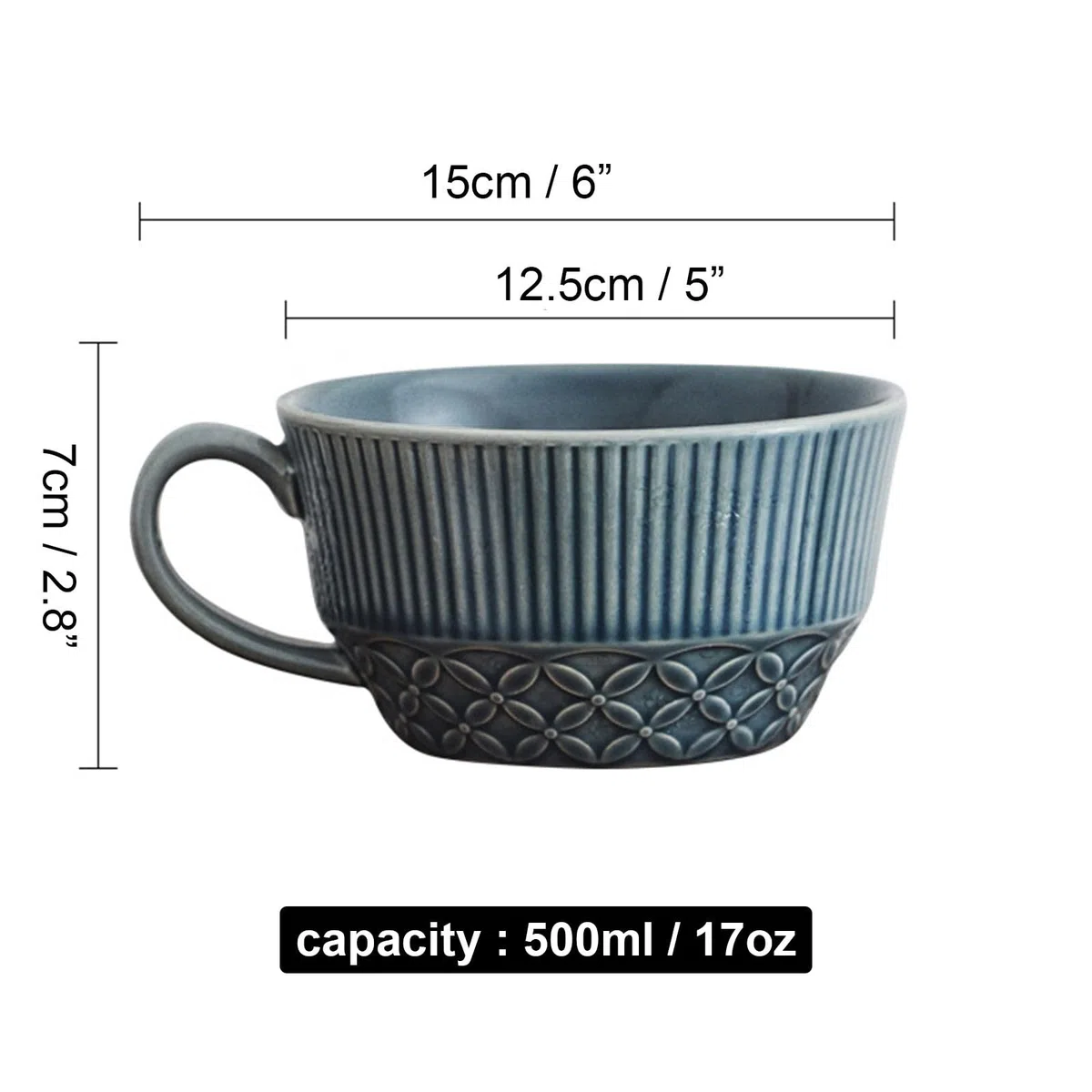 Taza de sopa de cerámica con asa, taza de café de 500 ml, cuenco profundo de cereales para tazón de desayuno, taza de café (azul, 17 onzas)