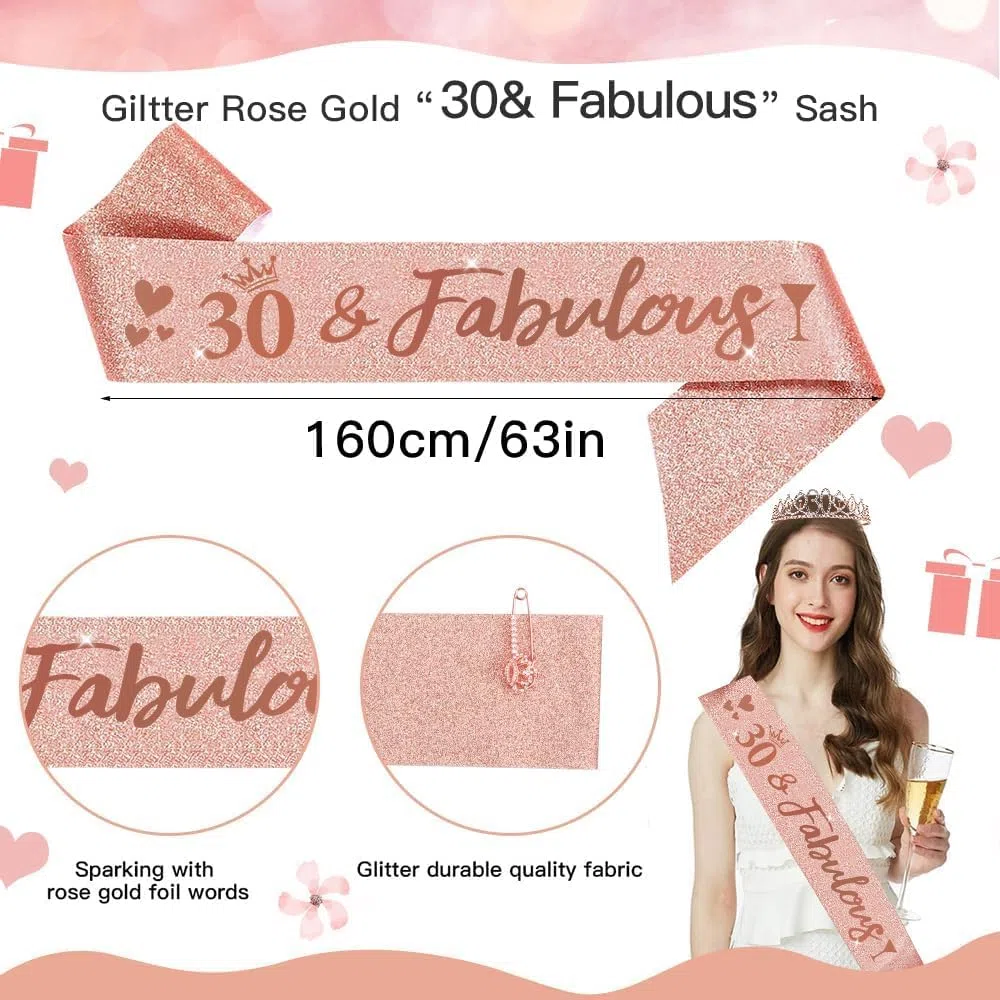 50 Años Corona Banda Mujer Tiara y Faja de Oro Rosa, Globos, Velas Números 50, Topper de Tarta, Decoración Fiesta Cumpleaños