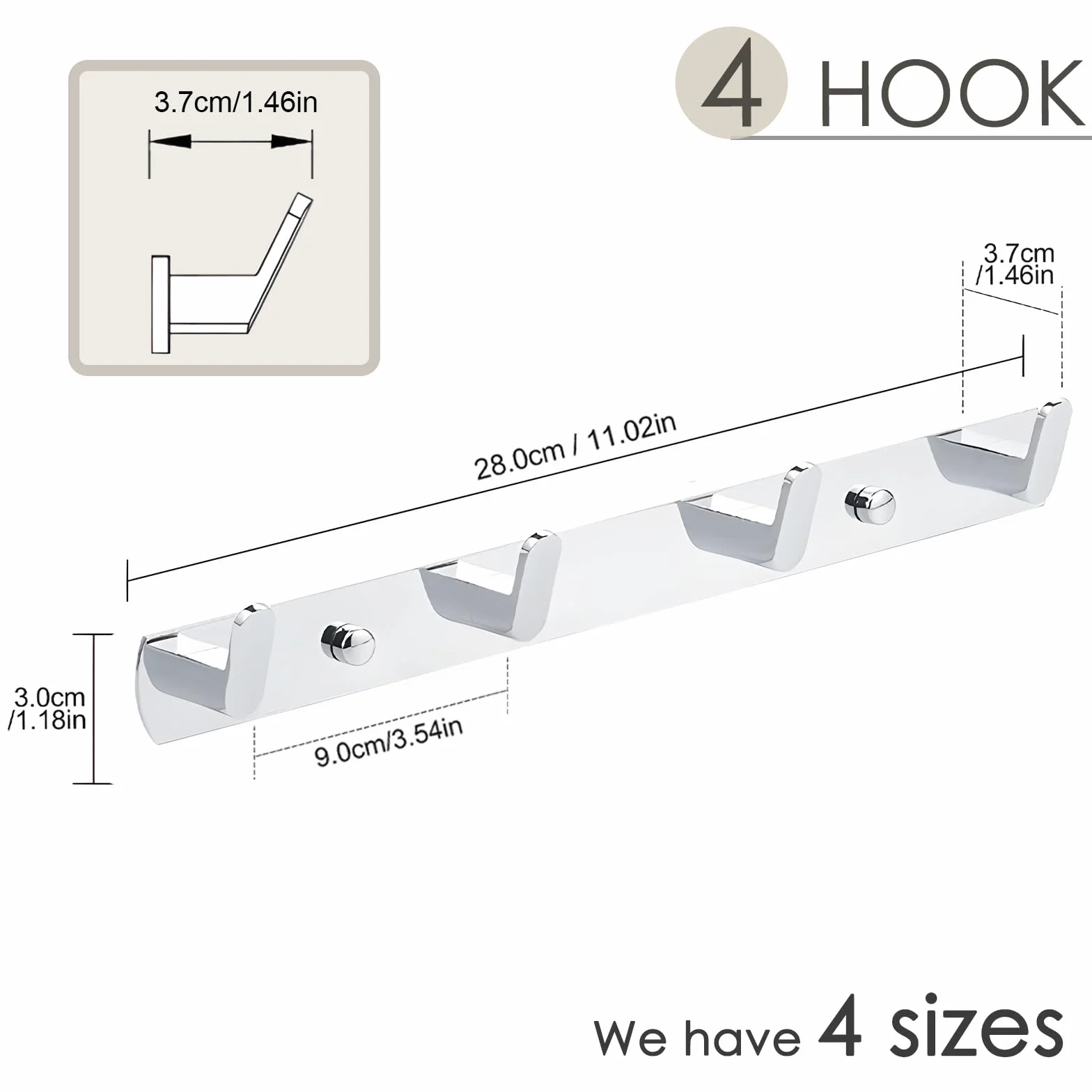 Perchero de Pared Premium | Ganchos Cromados Acero Inoxidable 304 | 4 Tamaños (3-6 Ganchos) | 15kg Capacidad | Montaje con Taladro | Para Recibidor, Baño, Cocina & Oficina