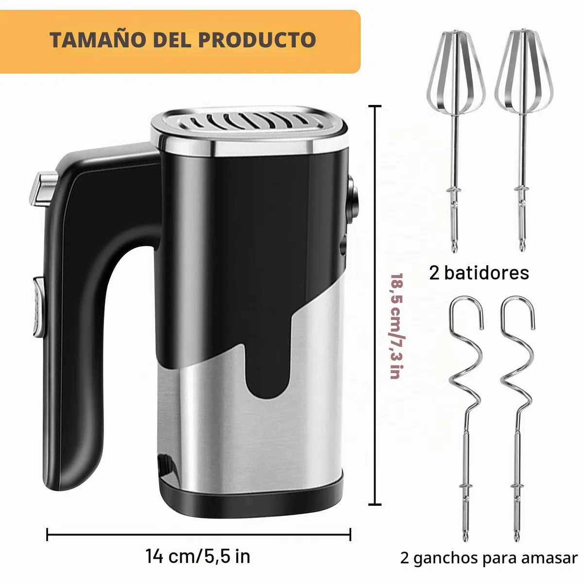Batidora de mano eléctrica de 800 W, 5 velocidades, batidora de mano, batidora de mano, batidora de cocina, batidora de mano, 2 varillas y 2 ganchos para amasar, para pasteles y pan, para mezclar