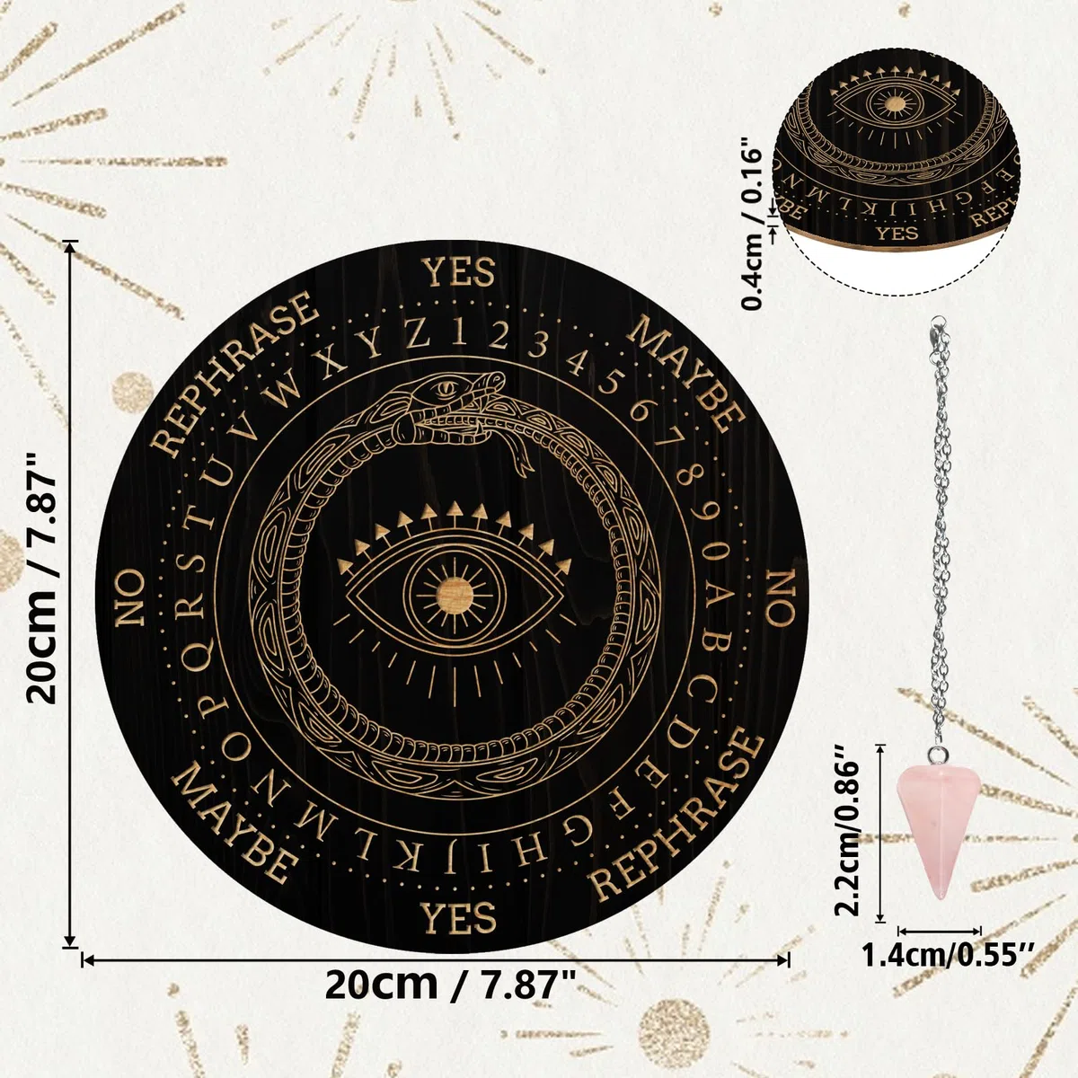 AHANDMAKER Juego de tablero de péndulo, tablero de madera para adivinación, tablero de mensajes metafísicos con collar de péndulo de cristal para brujería, kit de suministros de altar wiccano,