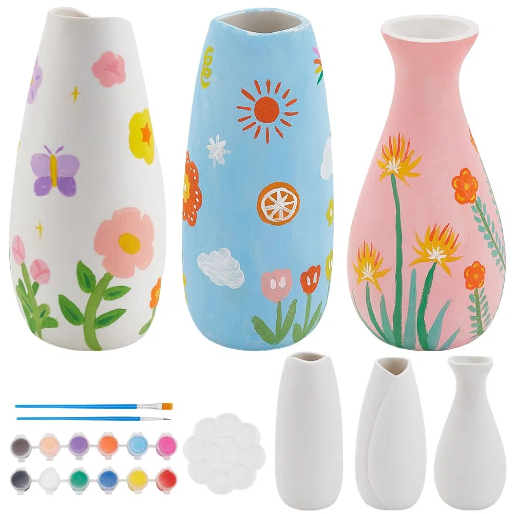 WEBEEDY Kit de pintura de cerámica de 3 tamaños, pinta tu propio jarrón de cerámica, proyecto de manualidades para adultos, principiantes, jarrón de porcelana, kit de decoración para escritorio,