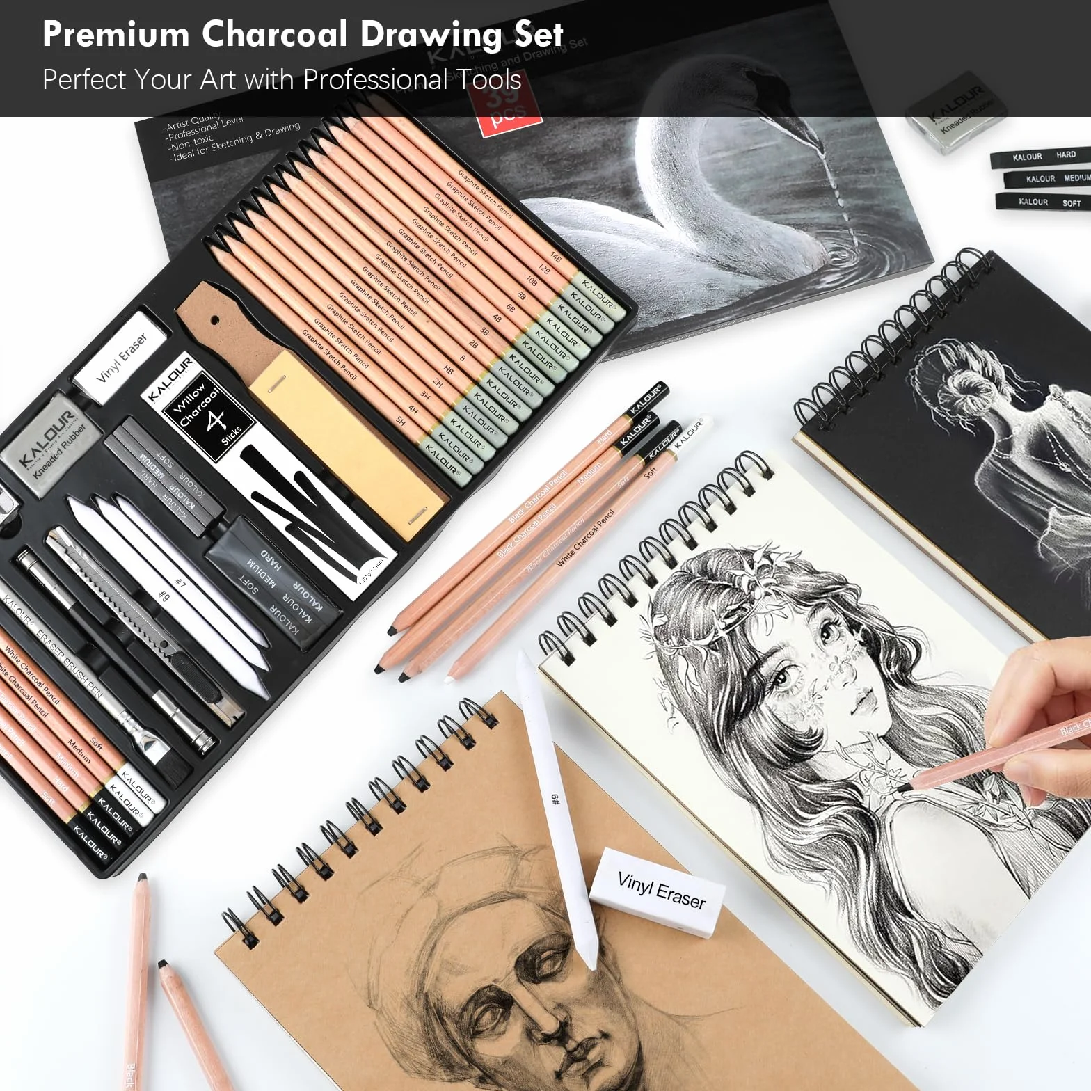 KALOUR PDAS - Juego de 39 lápices de dibujo profesionales (5H-14B), lápices de carboncillo blanco y negro para bocetos, borrador, pincel, carboncillo, lápices de arte para artistas y principiantes.