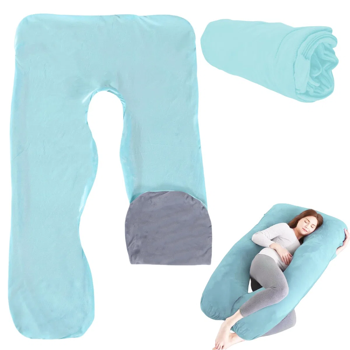 Funda para cojín de embarazo en forma de U: funda de almohada de algodón desmontable, funda de repuesto para cojín corporal para adultos, lavable a máquina, 140 x 80 cm (Azul claro + Gris)